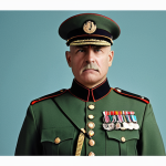 **

A disciplined military leader in a uniform adorned with a subtle, geometric pattern. The color palette uses cool colors, projecting authority and order. The overall feeling should be powerful and structured.

**