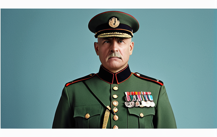 **

A disciplined military leader in a uniform adorned with a subtle, geometric pattern. The color palette uses cool colors, projecting authority and order. The overall feeling should be powerful and structured.

**