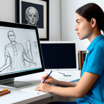 A professional female character designer, fully clothed in a modest, smart casual outfit, seated comfortably at a modern digital art workstation. She is focused, gently sketching on a large screen tablet with a stylus, while various concept sketches and reference images are displayed on surrounding monitors. The background is a clean, organized studio space with art supplies, books on anatomy, and digital rendering equipment. The scene exudes a creative and professional atmosphere, appropriate attire, fully clothed, safe for work, perfect anatomy, correct proportions, natural pose, well-formed hands, proper finger count, natural body proportions, professional photography, high quality, family-friendly.