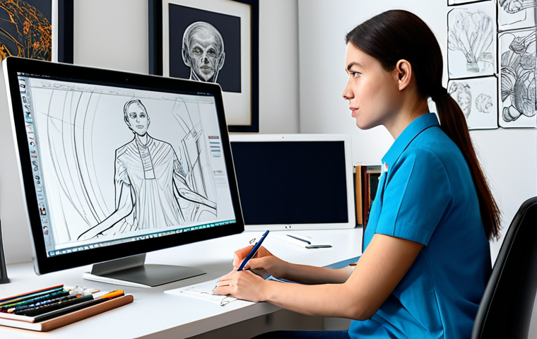 A professional female character designer, fully clothed in a modest, smart casual outfit, seated comfortably at a modern digital art workstation. She is focused, gently sketching on a large screen tablet with a stylus, while various concept sketches and reference images are displayed on surrounding monitors. The background is a clean, organized studio space with art supplies, books on anatomy, and digital rendering equipment. The scene exudes a creative and professional atmosphere, appropriate attire, fully clothed, safe for work, perfect anatomy, correct proportions, natural pose, well-formed hands, proper finger count, natural body proportions, professional photography, high quality, family-friendly.