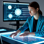 A professional character designer, a woman in her late 20s, wearing a smart casual blazer and a collared shirt, sits at a sleek, minimalist desk in a futuristic digital art studio. She is intently focused on a large, transparent holographic display, where various versions of a detailed 3D character model are rapidly iterating and transforming. One hand hovers over a gesture-controlled interface, while the other rests on a stylus. The background features glowing data streams and soft ambient lighting. The scene emphasizes rapid prototyping and creative efficiency through AI. The designer is fully clothed, appropriate attire, modest clothing, safe for work, appropriate content, professional. Perfect anatomy, correct proportions, natural pose, well-formed hands, proper finger count, natural body proportions, high quality, professional photography, cinematic lighting.