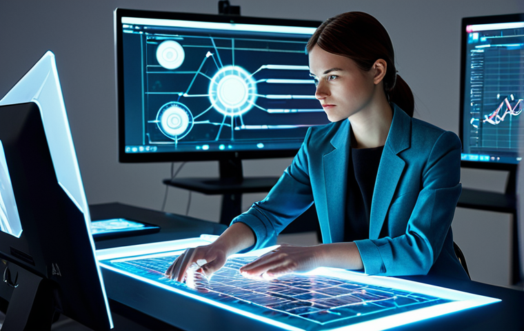A professional character designer, a woman in her late 20s, wearing a smart casual blazer and a collared shirt, sits at a sleek, minimalist desk in a futuristic digital art studio. She is intently focused on a large, transparent holographic display, where various versions of a detailed 3D character model are rapidly iterating and transforming. One hand hovers over a gesture-controlled interface, while the other rests on a stylus. The background features glowing data streams and soft ambient lighting. The scene emphasizes rapid prototyping and creative efficiency through AI. The designer is fully clothed, appropriate attire, modest clothing, safe for work, appropriate content, professional. Perfect anatomy, correct proportions, natural pose, well-formed hands, proper finger count, natural body proportions, high quality, professional photography, cinematic lighting.
