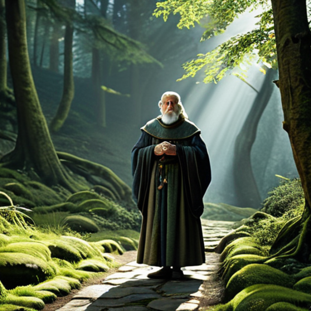 A wise, elderly human character, fully clothed in modest, layered medieval fantasy attire suitable for a journey. The character has a serene and contemplative expression, with weathered skin indicating a long life. They are standing on a mossy, ancient stone path within a mystical forest, soft rays of sunlight filtering through the canopy. The pose is natural and dignified, reflecting resilience and wisdom. This image is safe for work, appropriate content, and fully clothed, designed for family-friendly viewing. It features perfect anatomy, correct proportions, natural body proportions, well-formed hands, and proper finger count, captured with professional photography and high quality.