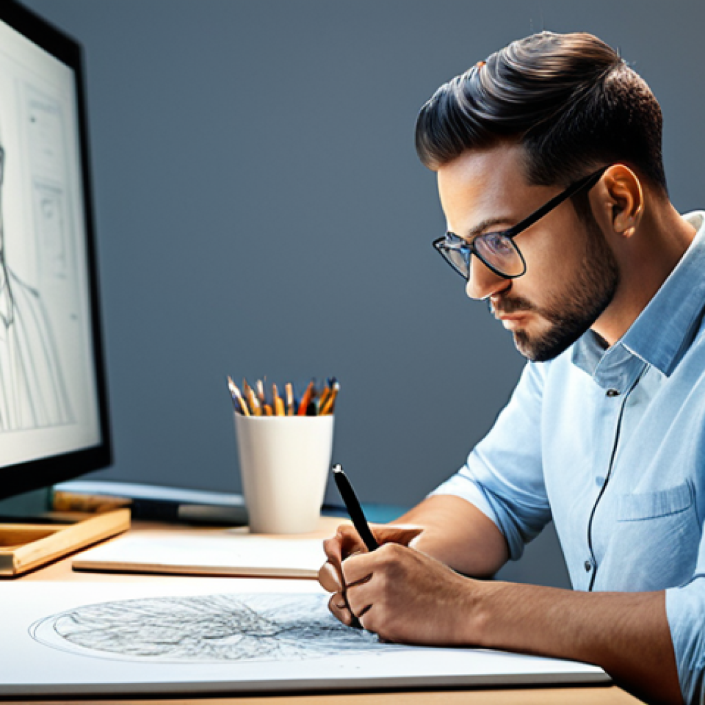 A focused professional character designer, male or female, in a modest studio outfit, sitting thoughtfully at a large digital drawing tablet in a modern, well-lit design studio. The studio is filled with inspiring concept art sketches pinned to a board and various traditional art tools nearby. The designer has a thoughtful expression, deeply engaged in the creative process of bringing a character to life. The image features perfect anatomy, correct proportions, well-formed hands, proper finger count, and a natural pose. This is a high-quality professional photograph, safe for work, appropriate content, fully clothed, and professional.