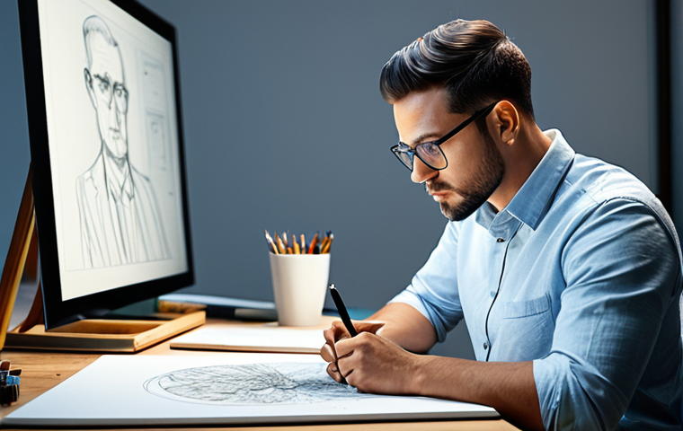 A focused professional character designer, male or female, in a modest studio outfit, sitting thoughtfully at a large digital drawing tablet in a modern, well-lit design studio. The studio is filled with inspiring concept art sketches pinned to a board and various traditional art tools nearby. The designer has a thoughtful expression, deeply engaged in the creative process of bringing a character to life. The image features perfect anatomy, correct proportions, well-formed hands, proper finger count, and a natural pose. This is a high-quality professional photograph, safe for work, appropriate content, fully clothed, and professional.