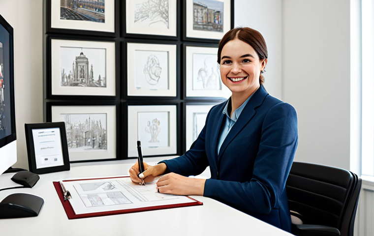A professional character designer, fully clothed in a modest business casual outfit, is seated at a modern, clean desk in a well-lit design studio. They are looking confidently at a framed certification document, with a subtle smile of accomplishment. On the desk, there are professional digital art tools and sketches of vibrant, family-friendly animated characters. The background is a tidy, inspiring workspace with shelves of art books. Perfect anatomy, correct proportions, natural pose, well-formed hands, proper finger count. safe for work, appropriate content, fully clothed, professional, modest.
