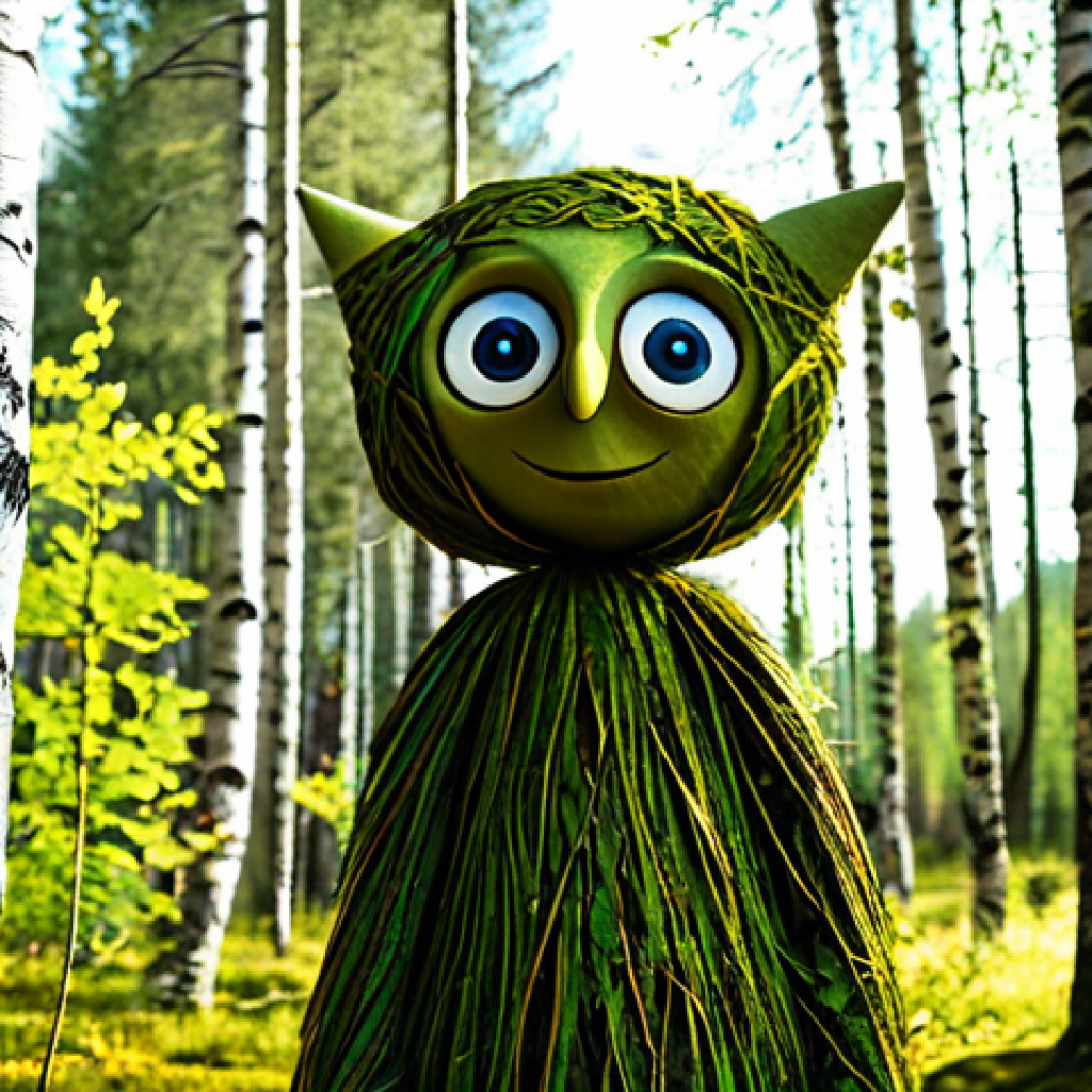 **

"A vibrant illustration of a quirky, friendly forest spirit ("Skogsväsen") clad in moss and woven branches, fully clothed in organic materials, standing in a sun-dappled birch forest in Dalarna, Sweden. The character has oversized, expressive eyes and a playful expression. Appropriate attire, safe for work, perfect anatomy, natural proportions, stylized illustration, vibrant colors, professional quality, modest design, family-friendly."

**