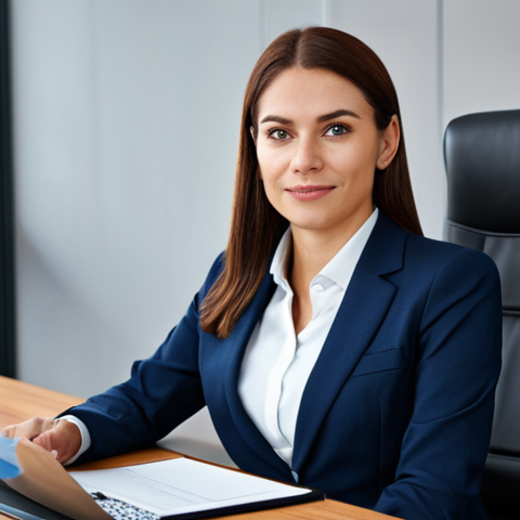 **A professional businesswoman in a modest business suit, sitting at a desk in a modern office, fully clothed, appropriate attire, safe for work, perfect anatomy, natural proportions, professional photography, high quality.**