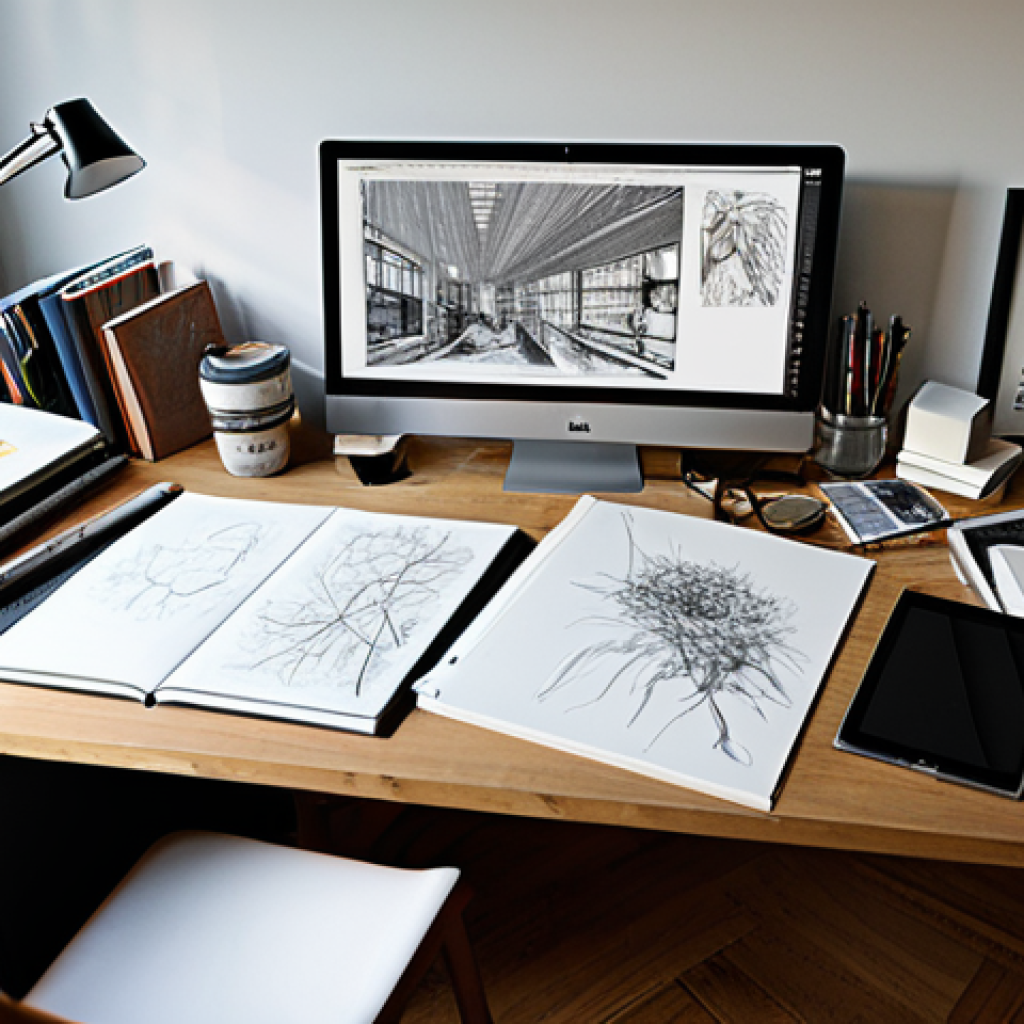 캐릭터디자인 자격증 취득 후 진로 선택 방법 - **Prompt:** "A character designer's workspace, desk cluttered with sketches, digital tablet, Wacom p...