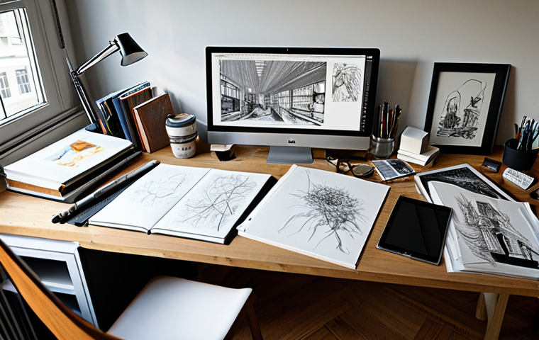 캐릭터디자인 자격증 취득 후 진로 선택 방법 - **Prompt:** "A character designer's workspace, desk cluttered with sketches, digital tablet, Wacom p...