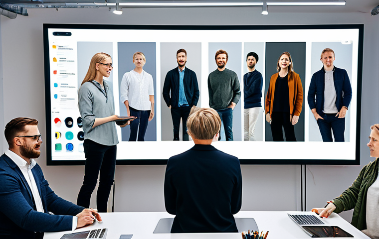 캐릭터디자인과 콘텐츠 제작의 조화 - **

A group of diverse digital artists collaborating around a large interactive screen, brainstormin...