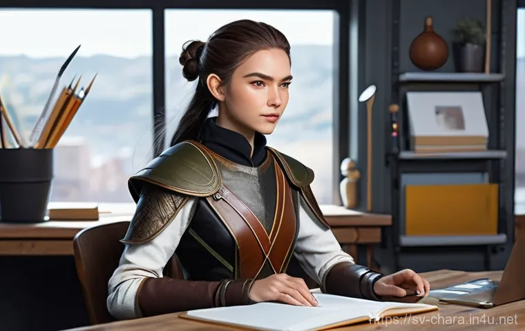 캐릭터디자인 직무 인터뷰 사례 - **Prompt 1: The Character Designer's Creative Hub**
    A focused, young adult character designer, f...