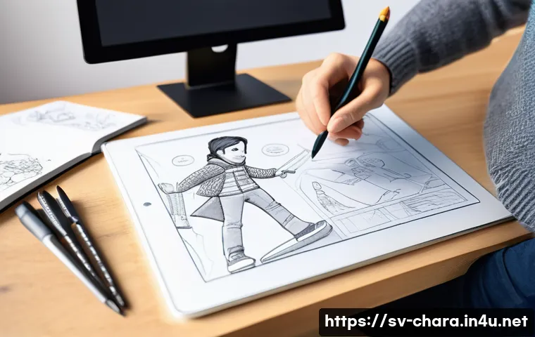 캐릭터디자인 경력직 채용 과정 - **Prompt: "A character designer's creative workspace, showcasing a dynamic process. A focused indivi...