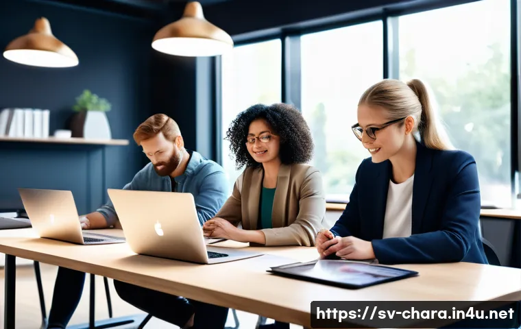 캐릭터디자인 직무에 필요한 네트워크 기술 - A modern Scandinavian creative workspace featuring a team of diverse character designers collaborati...