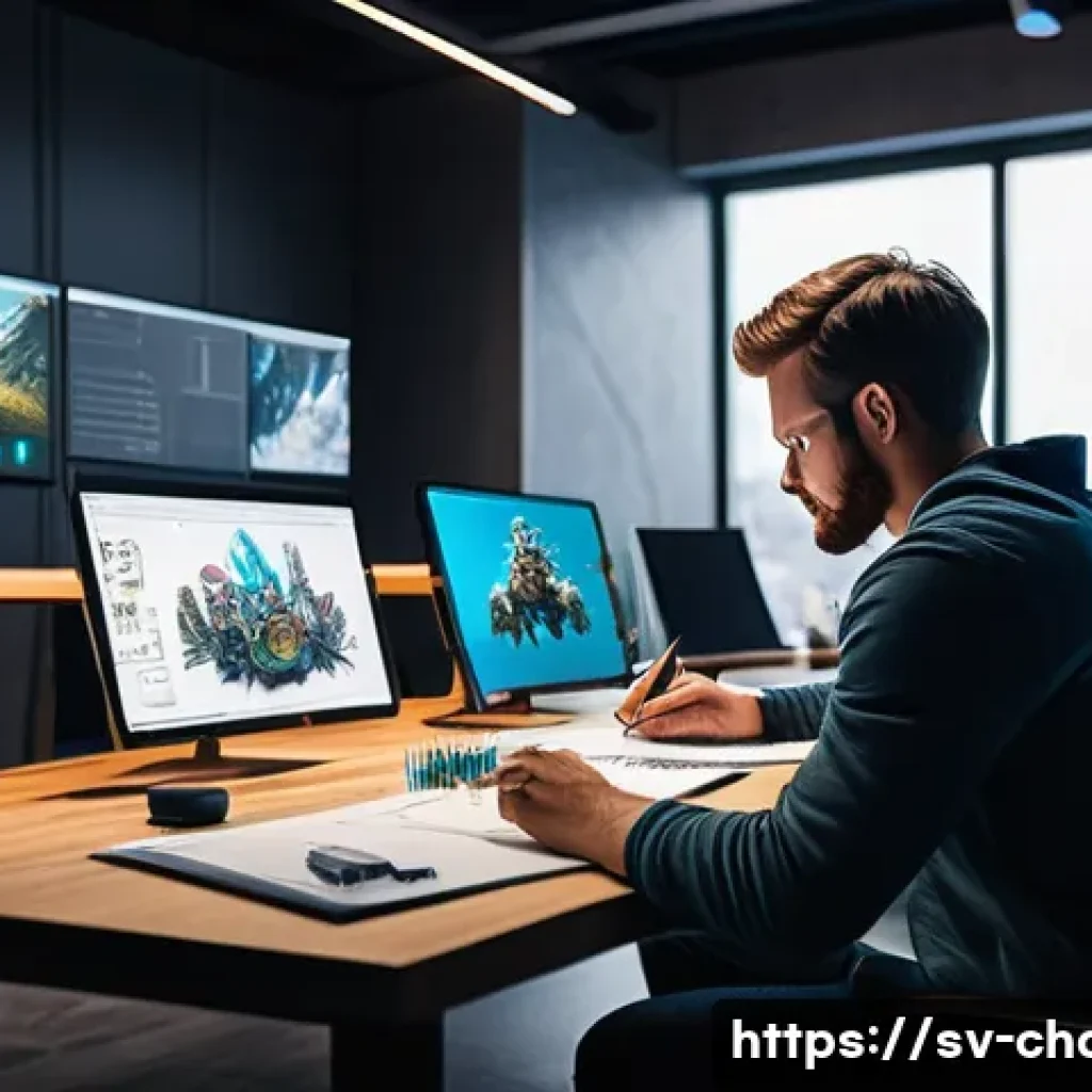 캐릭터디자인 자격증 취득 후 진로 선택 - A professional character designer at work in a modern Scandinavian game studio, surrounded by multip...