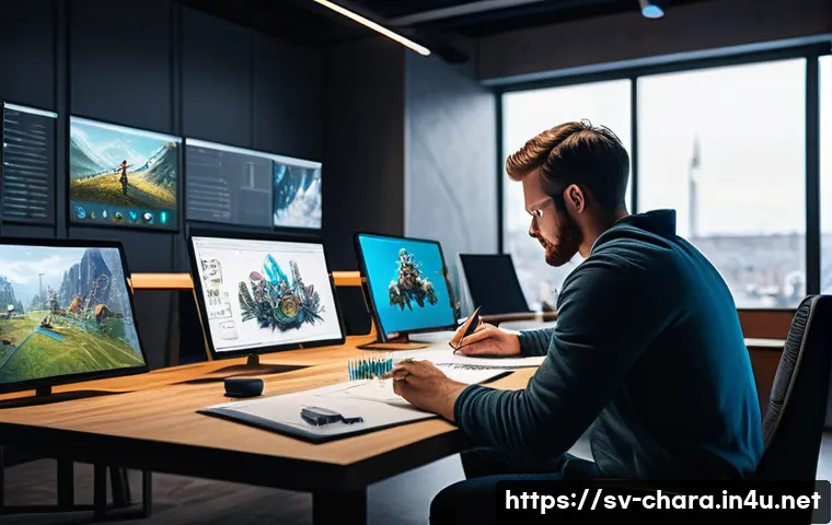 캐릭터디자인 자격증 취득 후 진로 선택 - A professional character designer at work in a modern Scandinavian game studio, surrounded by multip...