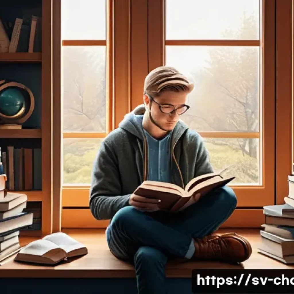 캐릭터디자인 학습을 위한 독서 목록 - A detailed character illustration of a thoughtful young adult seated in a cozy Scandinavian-style ro...