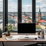 캐릭터디자이너로 프리랜서 활동하기 - A professional Swedish character designer&rsquo;s workspace showcasing a sleek modern home office with dua...