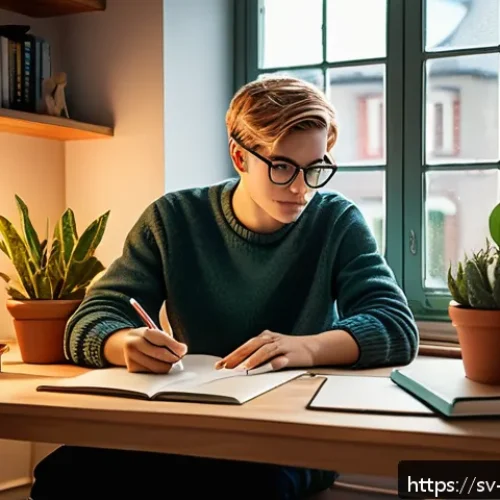 캐릭터디자인 자격증 필기 시험 준비 전략 - A cozy, Scandinavian-style study room with a young adult character sitting at a wooden desk covered ...