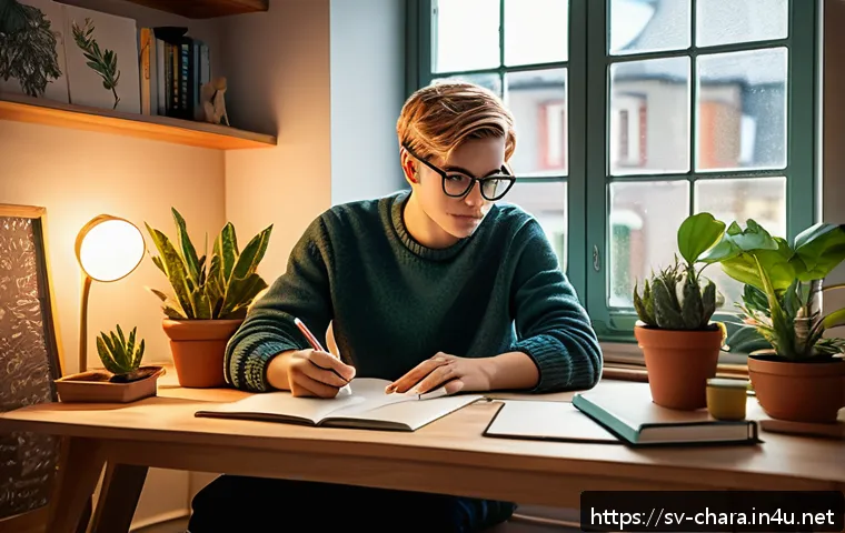 캐릭터디자인 자격증 필기 시험 준비 전략 - A cozy, Scandinavian-style study room with a young adult character sitting at a wooden desk covered ...