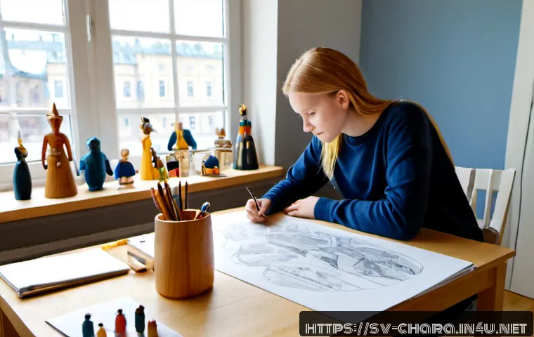 Home 30 캐릭터디자인 학습에서 비전 제시하기 - Photorealistic Scandinavian design student in a bright Stockholm-style art studio, arranging a diver...