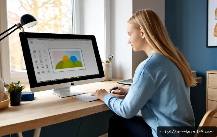 Home 17 캐릭터디자인 필수 소프트웨어 추천 - Photorealistic Swedish character designer working at a clean Scandinavian home studio desk, large mo...